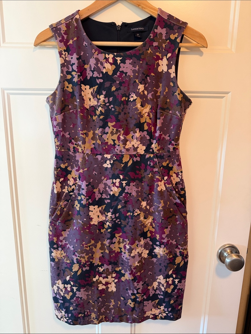 Lands' End Purple Floral Sheath Dress with Cream and Navy Accents
